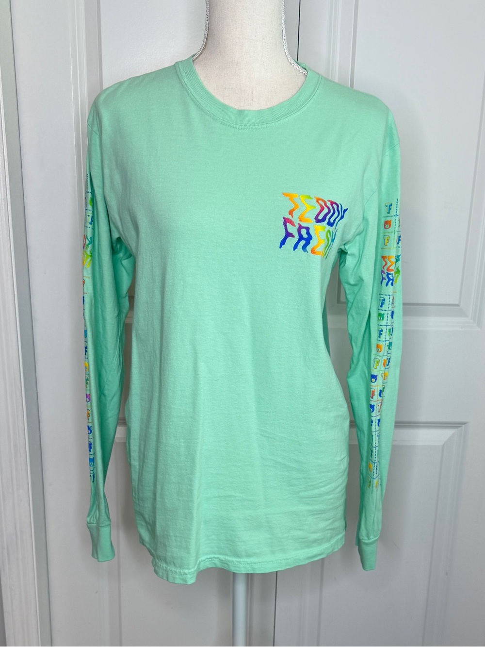 Teddy Fresh Women's Mint Green Wavy Rainbow Logo Long Sleeve Tee Small Bears